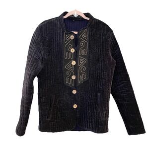 Vintage Dark Blue Quilted Velvet Mandarin Collar Button Jacket Heavy Handmade 50